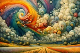 collaboration between Salvador Dali, Vincent Van Gogh, and Jean Baptiste Monge. Swirling rainbow storm clouds over a vast field of long grass and plentiful flowers swaying in the winds. Modifiers: fantasy many rainbow bubbles photorealistic beautiful colourful cinematic postprocessing Van Gogh acrylic art pencil sketch quilling salvator dali Craig Rutkowski