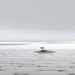 A captivating hyper minimalist photograph of a barren snow-covered field on a grey day. Concept art, The overall color palette is muted. In the distance there is a single red beach umbrella in ground. The field stretches out in a long view creating a sense of isolation and desolation.