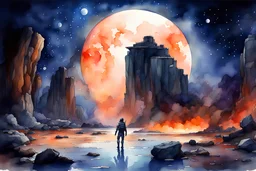 rocks, mountains, sci-fi, fantasy, night, watercolor paintings