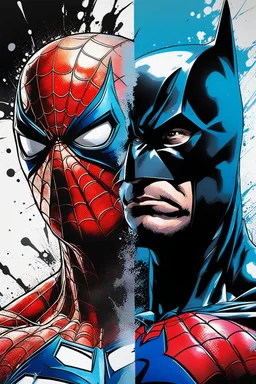 Poster in two gradations, split in half, one side "spiderman", other side "batman", midline of the face, painting by Yoji Shinkawa, solid, pastel and splash colours detailed iridescent, metallic, translucent, dramatic lighting, hyper futuristic, digital art,