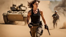 beautiful slender caucasian female technician, black tank top, knife-fighting a giant soldier, running, well toned muscles, weathered face, scratched sand camo metal details, short brunette wavy bob haircut, dystopian, desert scene with smoke and explosions,