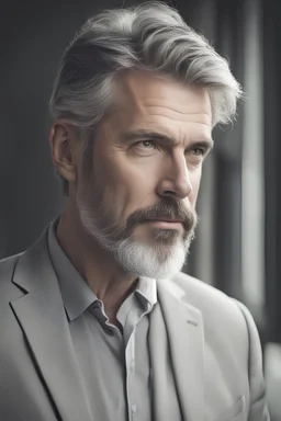 attractive man mid 40 with greyish beard and hair elegant portrait