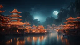 dream world, Chinese city harbour, calm beauty, fantasy world, magic, night, darkness, moonlight, starlight, splendor, uplifting, inspiring, therapeutic, chiaroscuro, color, award-winning colour photograph, beautiful composition, Nikon 135mm