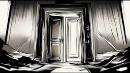 unhinged door, anime, monochrome, black background, ink, simple, maximum quality