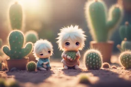 cacti garden, two cute fluffy chibi creatures, one kneeling and planting cacti, the other watching with arms folded in sunshine, ethereal, cinematic postprocessing, dof, bokeh