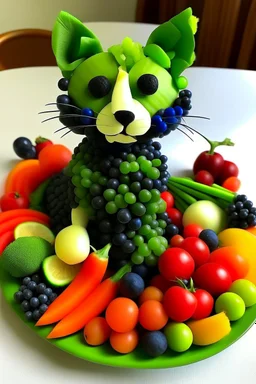 un chat fabriqué uniquement avec des morceaux de légumes et de fruits.