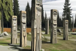 A grayish brown badlands with runestones designed in pacific Northwest totem poles painted by Clyfford Still