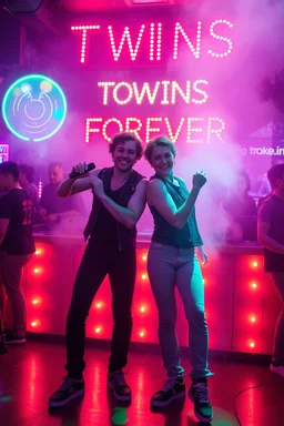 An "Identical twins" performing at dance club, theyre name is "Martin and Mercurius" Happy and celebrity look, , Neon lights and smog, "TWINS FOREVER" big sign on the wall