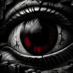 the image is a powerful and emotive black and white close-up photograph of a human eye a red Tear is running, The eye's iris reflects a poignant scene, portraying a hangman in Front of the ruins of a devastated environment, which could be the aftermath of a natural disaster, war, or abandonment. The reflection in the iris is sharp and detailed, suggesting a deep connection between the viewer and the scene being observed.