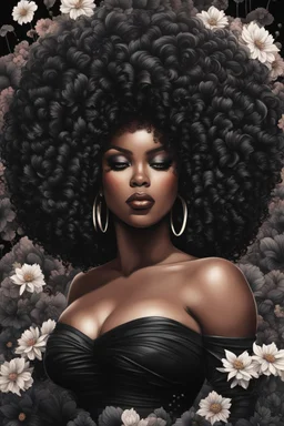 Create an urban art drawing image of a curvy size black female wearing a black off the shoulder blouse and she is looking down with Prominent makeup. Highly detailed tightly curly black afro. Background of large black flowers surrounding her