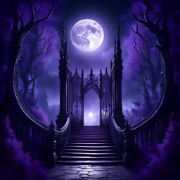 magical gateway, staircase, dark and purple ambient, progressing into star lit sky, big moon above magic forest behind it, gothic, darkness