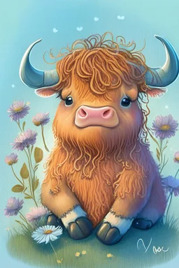 dorable cute happy baby scottish highland cow with dreamy eyes, sitting down and holding a flower, nursery art, very rendered polished Perfect, smooth edges, flawless Facial Features, Stunning, Whimsical Fantasy, Cute, Highly Detailed, Well Rendered, cartoon, illustration