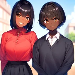 Clear focus,High resolution,High quality, Student, Smiling, Dark skin, Black short straight hair, Brown eyes