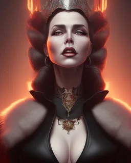 old evil queen in black leather gown, femme fatale, volouptous, busty, cleavage, angry, emperious, 8k resolution concept art portrait by Greg Rutkowski,