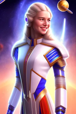 young cosmic woman smile, admiral from the future, one fine whole face, crystalline skin, expressive blue eyes,rainbow, smiling lips, very nice smile, costume pleiadian, Beautiful tall woman pleiadian Galactic commander, ship, perfect datailed golden galactic suit, high rank, long blond hair, hand whit five perfect detailed finger, amazing big blue eyes, smilling mouth, high drfinition lips, cosmic happiness, bright colors, blue, pink, gold, jewels, realist