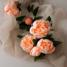 cinematic shot of peonies made from peach tulle in a glass bowl, warm lighting, soft lighting, sun light effects, linen, luxurious