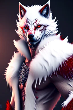 Feral, White fur, Werewolf, Red eyes, character, waist up portrait, oil on canvas, expert, insanely detailed, 4k resolution, cinematic smooth, intricate detail,