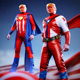 Realistic image of Donald trump super hero, retro style, watchmen style, red and blue colors, white stars, suspenders, latex material, 80s, vibrant color, highly detailed, sky background, concept art, unreal engine 5, god rays, ray tracing, RTX, lumen lighting, ultra detail, volumetric lighting, 3d, finely drawn, high definition, high resolution.