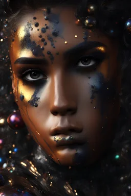 PAPERCUT 3d photo realistic portrait of young woman, dark fantasy, beautiful, dark eyes, dark make up, shiny streaks of paint, paint blobs and smears, shiny baubles, textured, ornate, shiny molten metalics, wild hair, high definition, octane render, 64k, 3d