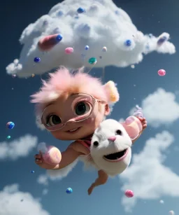 Ultra realistic speed clouds sky scene, wide angle view, childs falling down with many Childs background, circus dress style, feather color, free jumping flying, many trinkets, hair monster, many jelly beans, balls, color smoke, smile, happy, extreme, wind, clouds sea, 20,000 feet altitude, stratosphere, soft color, highly detailed, unreal engine 5, ray tracing, RTX, lumen lighting, ultra detail, volumetric lighting, 3d, finely drawn, high definition, high resolution.