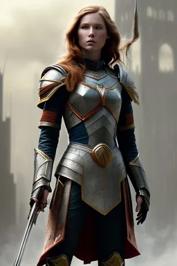 ultrarealistic, ruined city,__skimpy fantasy armor__, no star, __angles__, 18 year old woman, strikingly beautiful,ginger hair, _colour_, (pale __skincolor__ skin:1.2), __camera__, _hair_, detailed face and eyes, medium breasts, fantasy theme, freckles, dynamic pose, resolved expression, __accessory__, strappy outfit, (straps:1.1), sword in scabbard on left hip, (buckles, buttons, snaps, rings:1.0), haltertop style breastplate, detailed eyes, plump lips