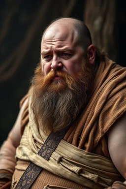 a very sad hurt swedish viking fat man with beard, he is covered all the body with bandage and are in deep pain