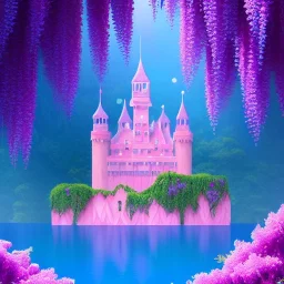 a pink castle, magical crystal pink castel, vertical light, pink and blue wisteria , pink vertical, blue lake,sharp, background vertical blue gradient vertical, elegant, highly detailed, artstation, concept art, smooth, sharp focus, illustration, 8k, splash art, wallpaper, key visual