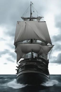 Ship front view with a Spider figurehead at night in a storm with giant waves