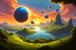 A digital painting of a mysterious anomalous orbs in the sky surrounded by floating islands hovering above a fantasy landscape in the style of Michael Whelan, energy surge, serene countryside, lush forests, soaring mountains, impressive detail, sunset, high resolution, 4K, 8K, masterpiece