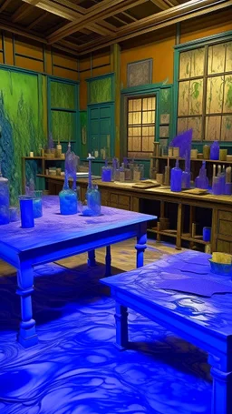 A purple laboratory covered in slime designed in Heidrun manuscripts painted by Vincent van Gogh