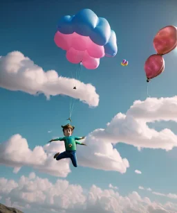 Ultra realistic clouds sky scene, medium shot view, portrait, sweet Peter Pan Childs free jumping flying, trinkets, jelly beans, inflatable helmet, smile, happy, Wes Anderson style, inflatable color clothing, extreme, wind, clouds sea, 20,000 feet altitude, stratosphere, soft color, highly detailed, unreal engine 5, ray tracing, RTX, lumen lighting, ultra detail, volumetric lighting, 3d, finely drawn, high definition, high resolution.