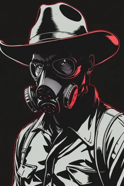 western man with wide flat brim hat shading face, wearing a gas-mask, vignette, black and white graphic novel style with a red outline on black background, gothic body horror