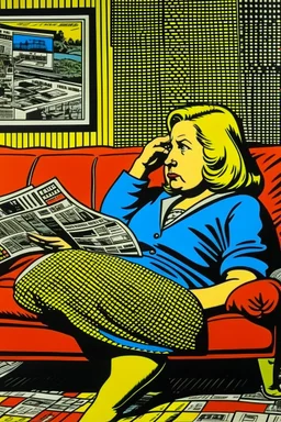 fat woman sitting on sofa READING NEWS PAPER listening to radio watching tv news in a room with signs of propaganda in the style of roy lichtenstein