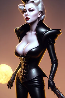 Lana Turner as evil queen in black leather, leather, busty, cleavage, angry, stern look. character design by cory loftis, fenghua zhong, ryohei hase, ismail inceoglu and ruan jia. unreal engine 5, artistic lighting, highly detailed, photorealistic, fantasy