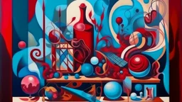 Oil painting, Surrealistic dada-inspired vector graphic with puzzling juxtapositions of ordinary objects, Burgundy-&-blue color, creative, extremely detailed brush stroke