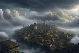 A dark, disrepaired medieval city in the clouds