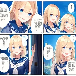 Clear focus,High resolution, Light Blonde hair, and blue eyes, kawaii style, wearing a sailor uniform, Great quality comic