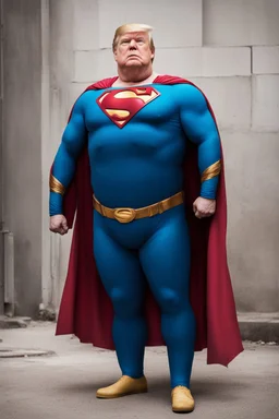 morbidly obese superman with donald trump's head and his belly hanging out