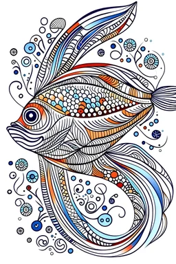 colorful art , free hand drawing themed, fish symmetric patterns, full white, white background, Sketch style, (((((white background))))), with outline, cartoon style