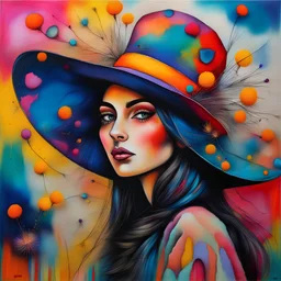 abstract paint from persian girl in big hat , vibrant colors, folk art, non-figurative mode, style combined abstract art with dadaism, patchs, black lines, surrealism style ;watching dandelion seeds in the wind, alcohol inks, chalks, oil pant, glitter, mixed media; made of a fresh vibrant colors that has been cut open, photo-realistic techniques --ar 2:3 --stylize 400;