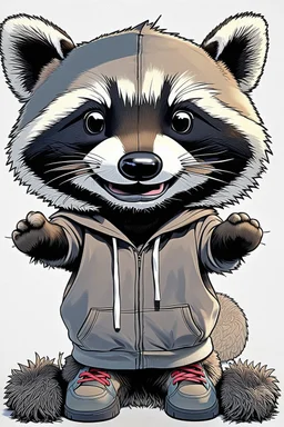 A cheeky raccoon, streetwear, hoody, sneakers,attitude,white background, 2d animation Drawing, wide view from below