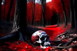 city of the dead, dead red forest, vampire skull, realistic image, photographic image