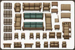 Sprite sheet, furniture, architectural plan, couch, table, chair, top view, dilapidated, post apocalypse,