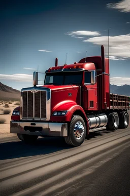 Portrait of a semi truck Red USA 2 drive axles one steer axle parked on the side of a 2 lane road in desert