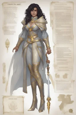 Dnd character sheet, full body. A female Moonelf twilight cleric with black curly hair and golden eyes, wearing gray robes. Etheral, muscular, beautiful