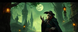 crow vintage mustache thief quickling juggler man in then elven magical green city of Forgotten Realms, myth drannor