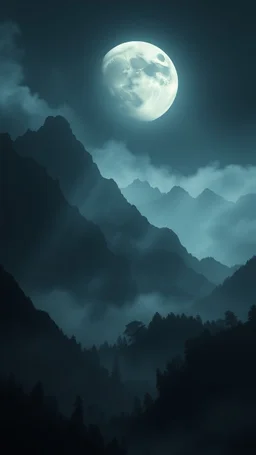 A high mountains, A mystical scene with ethereal light illuminating a dark landscape filled with shadows and whispers.a big full moon