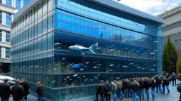 Exterior of a rectangular building similar to a large glass fish tank where a large shark with open jaws and a large number of species of fish swim inside. Externally, people observe the large fish tank fearfully and astonished.