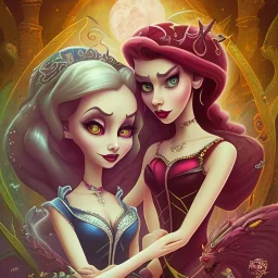 extrem tim burton style and disney style of the evil stepsisters, sharp focus, beautiful eyes