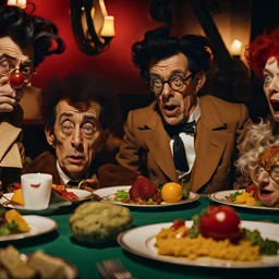 Close-up shot of ultra realistic odd monsters dining, Egon Schiele, vivid, deep 3d field, ultra realistic, Egon Schiele, hypermaximalist figures, light, Italian 1970's odd movie, hilarious, Minicavio Quollati style, photography by Marlost Endgulp, ornate, 4k, photorealism